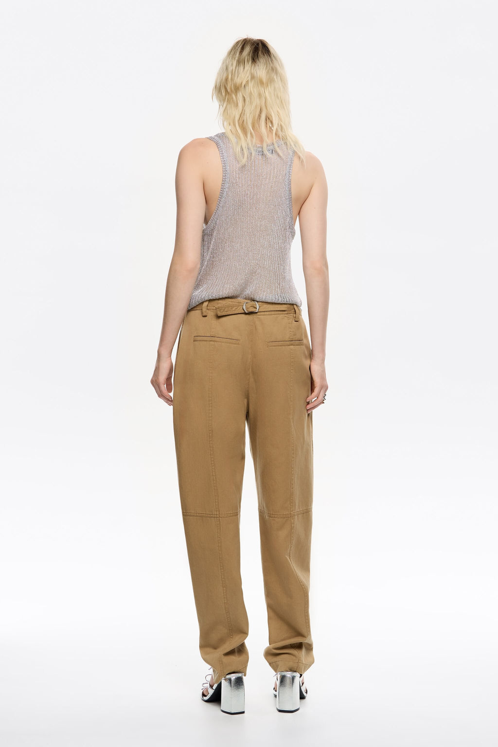 Camel washed cotton darted trousers