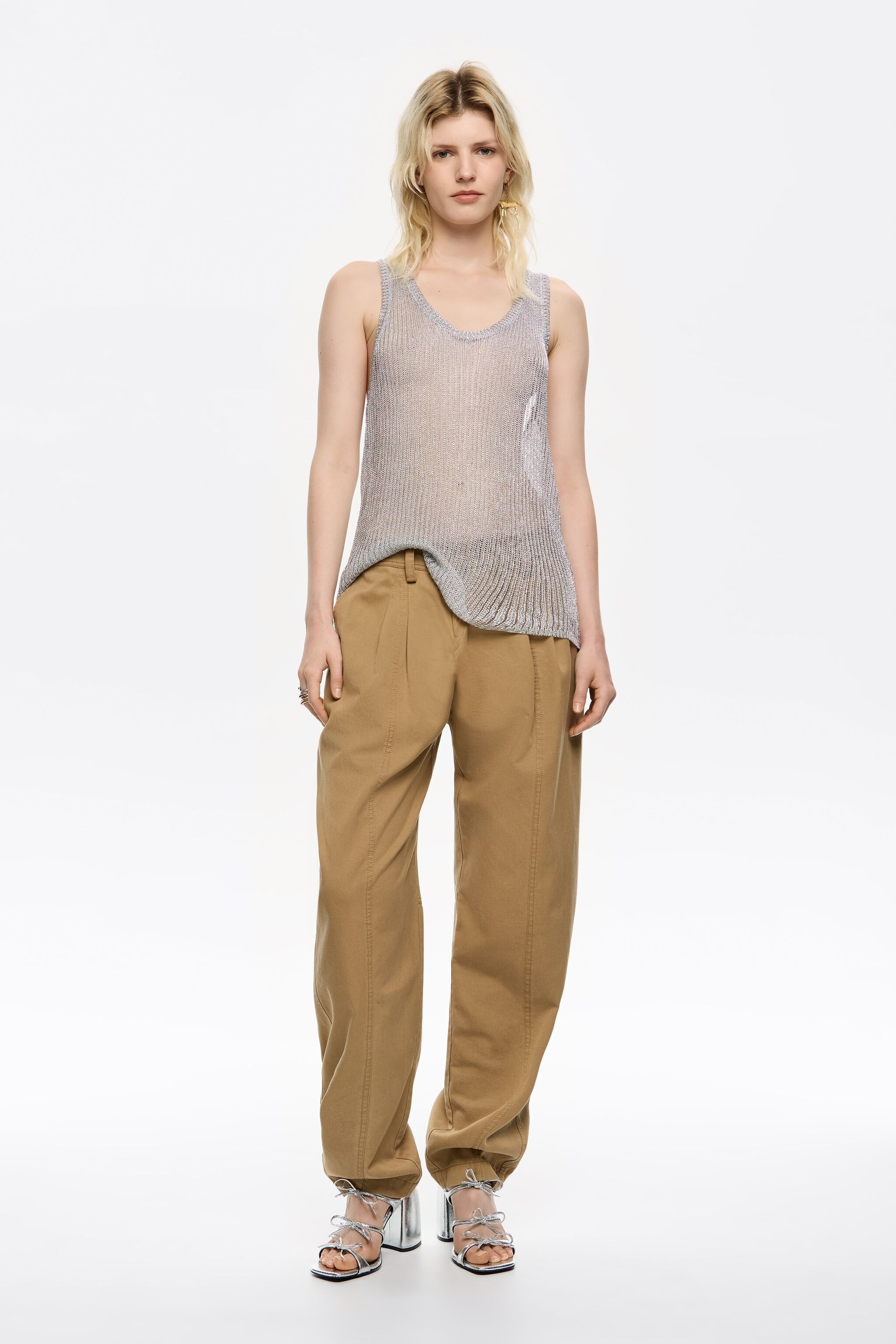 Camel washed cotton darted trousers