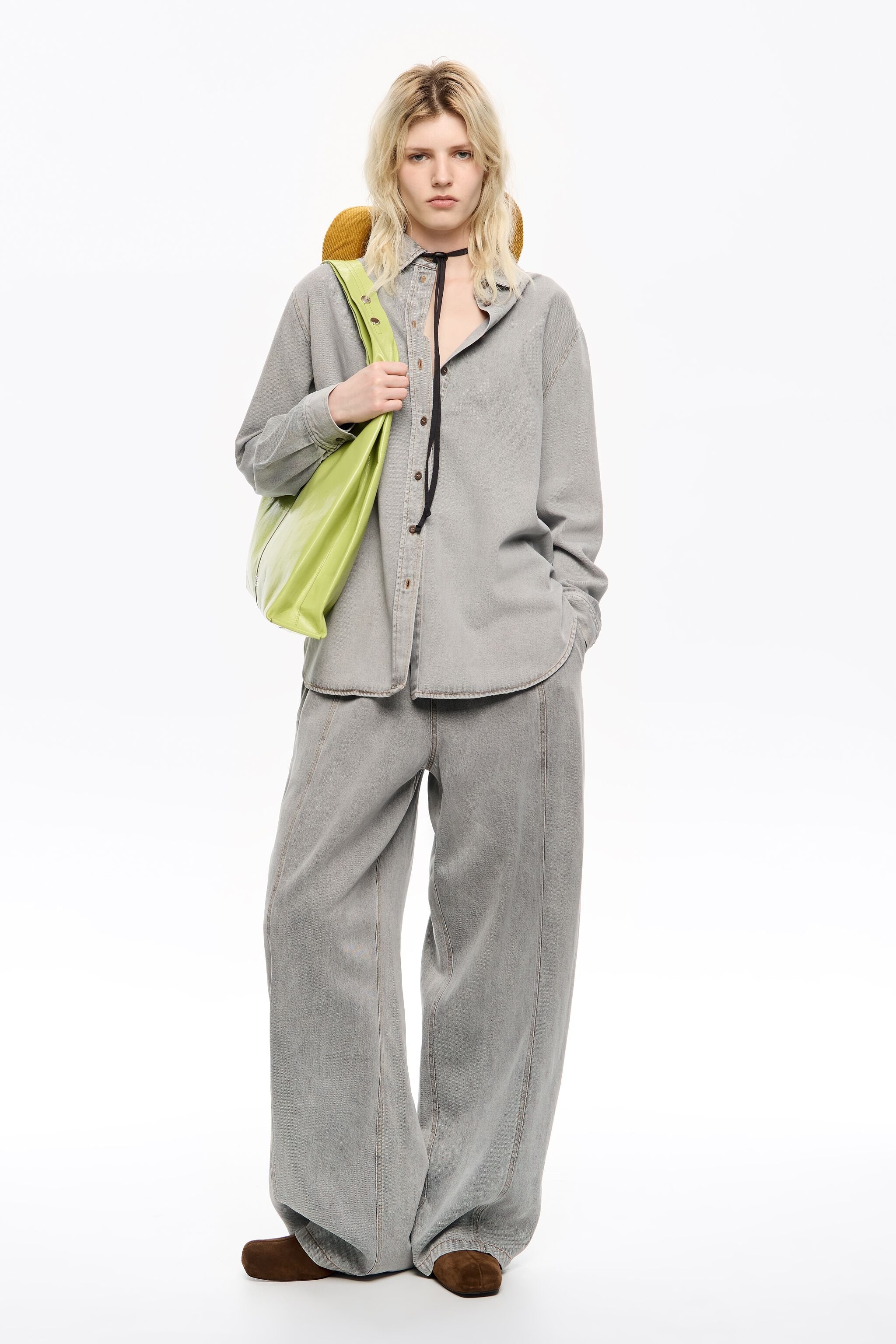 Gray fluid denim wide leg trousers