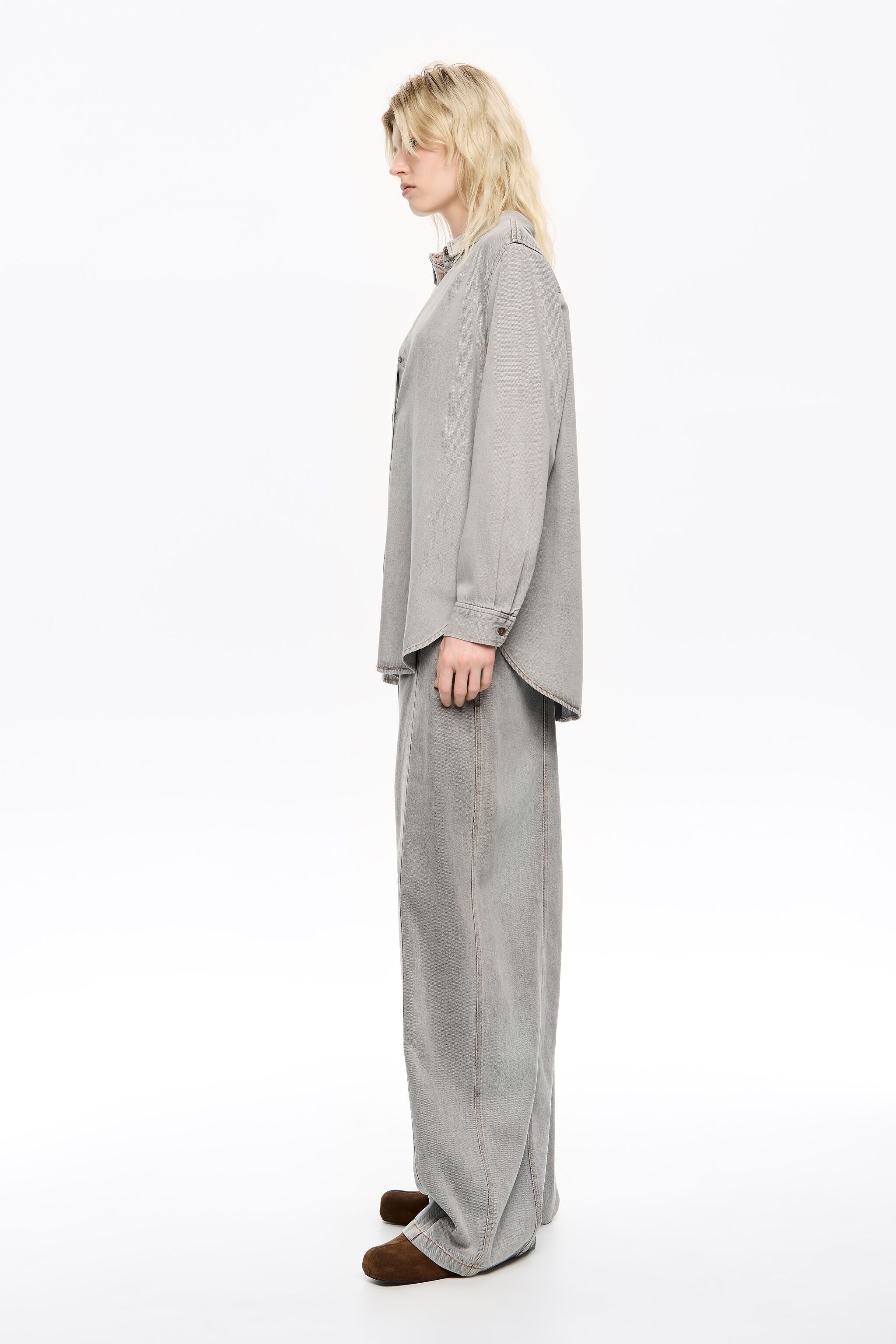 Gray fluid denim wide leg trousers