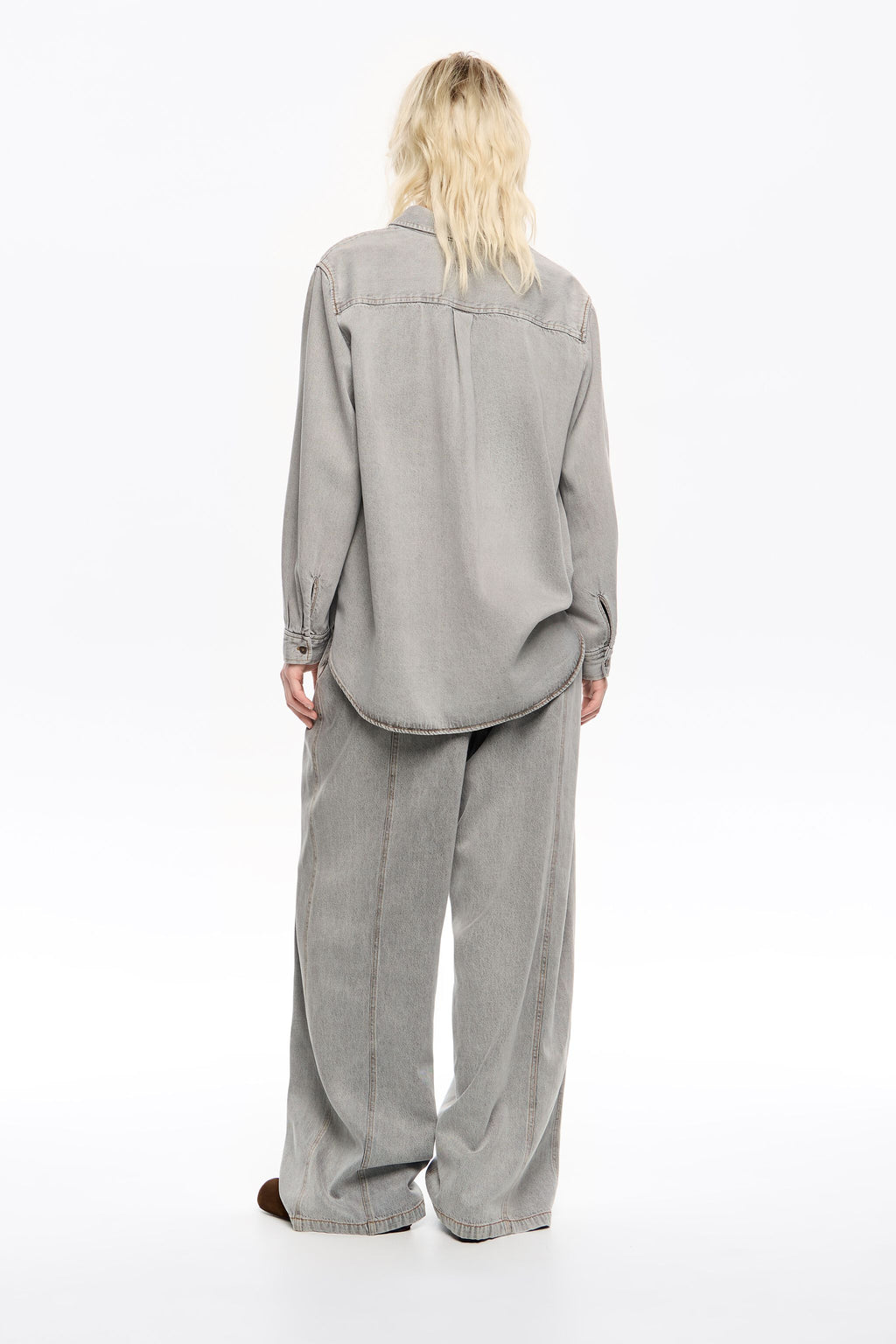 Gray fluid denim wide leg trousers