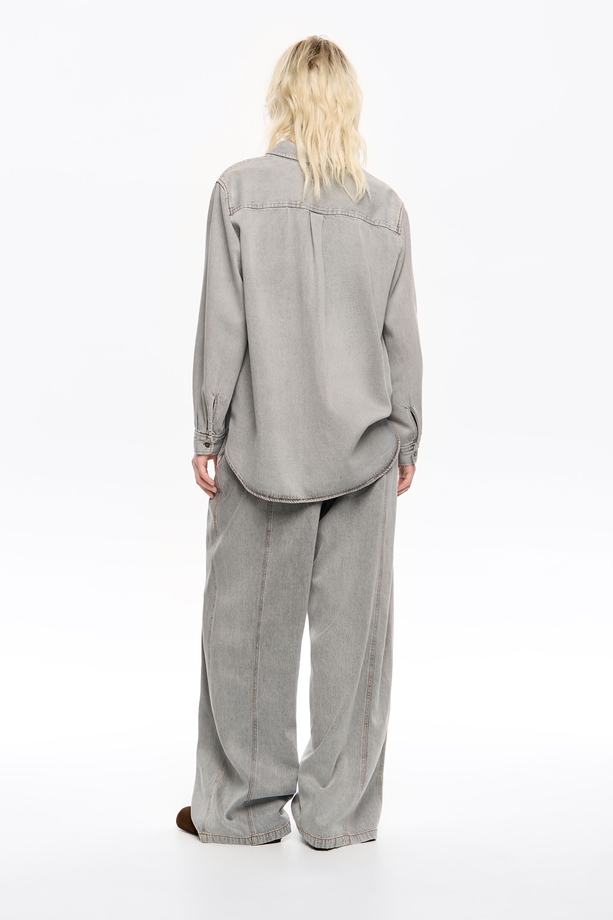 Gray fluid denim wide leg trousers