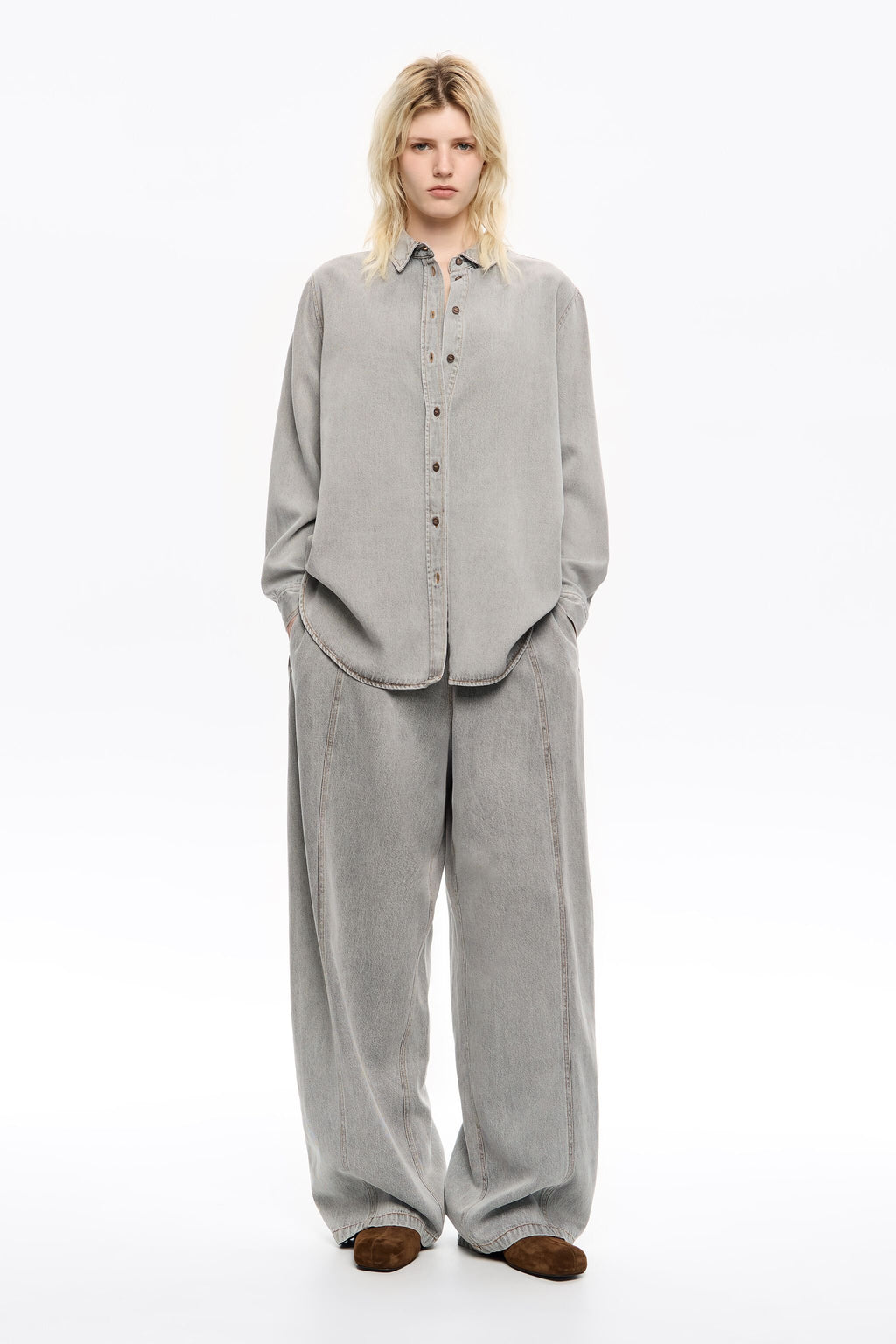 Gray fluid denim wide leg trousers