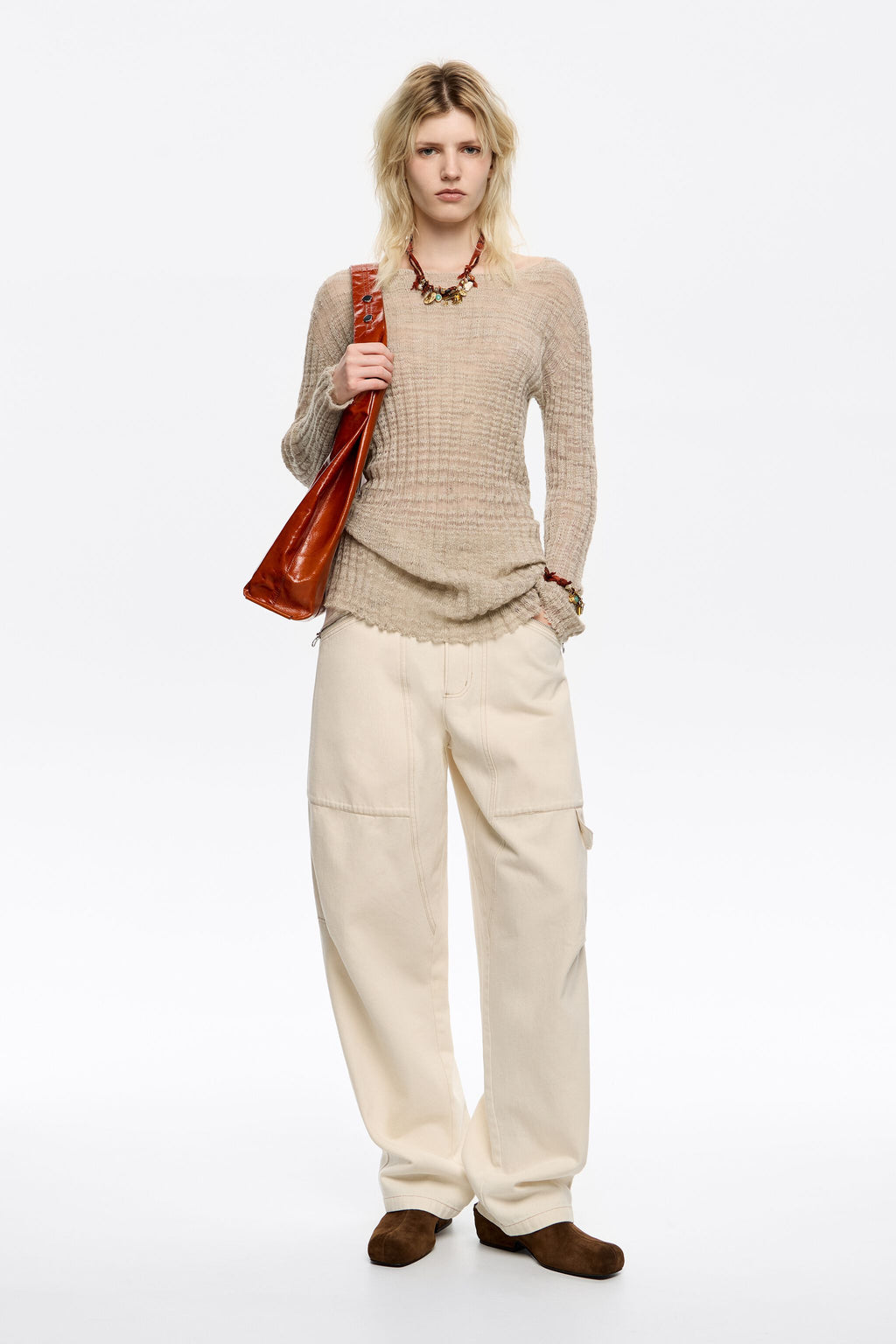 Ivory denim trousers with zips