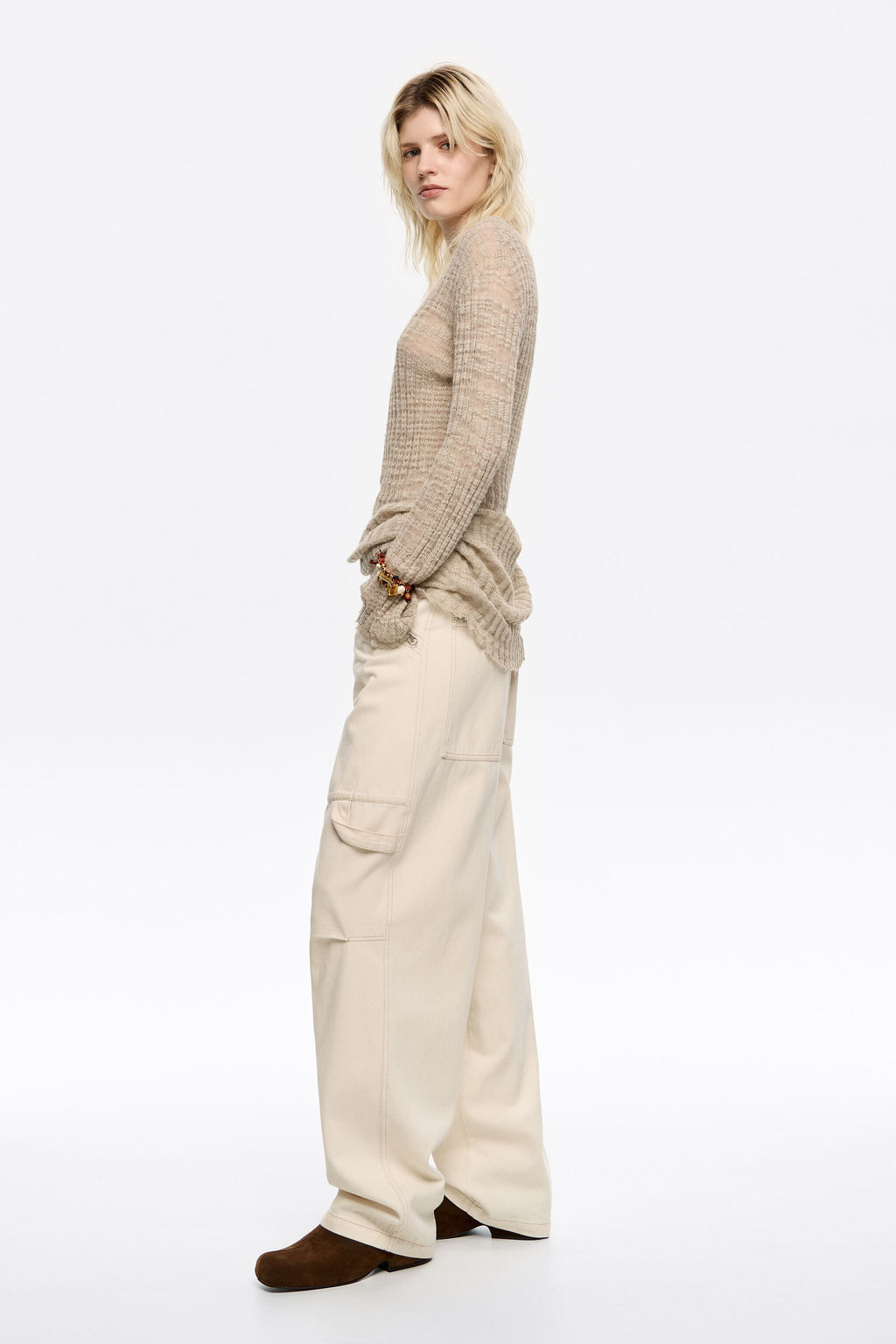 Ivory denim trousers with zips