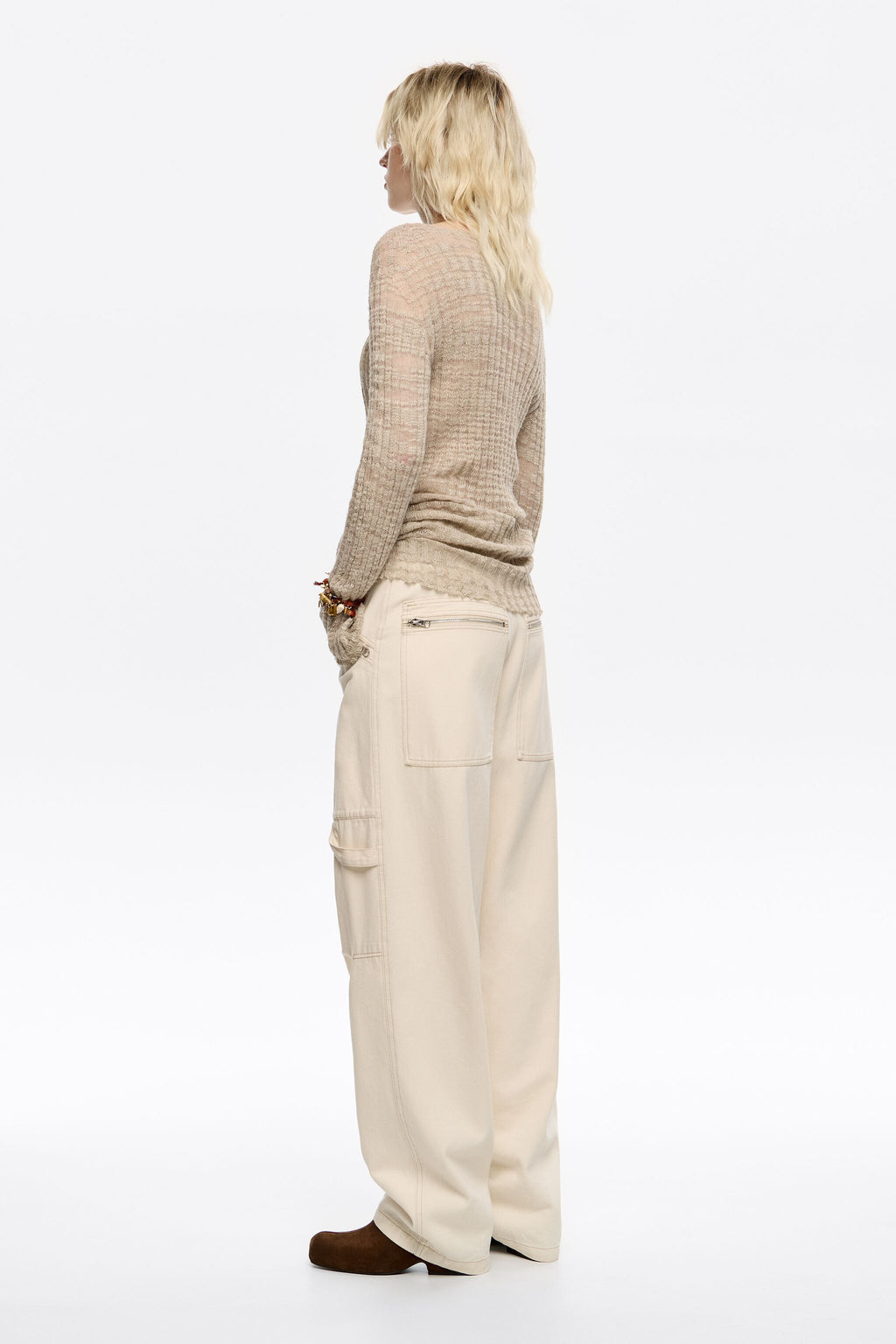 Ivory denim trousers with zips