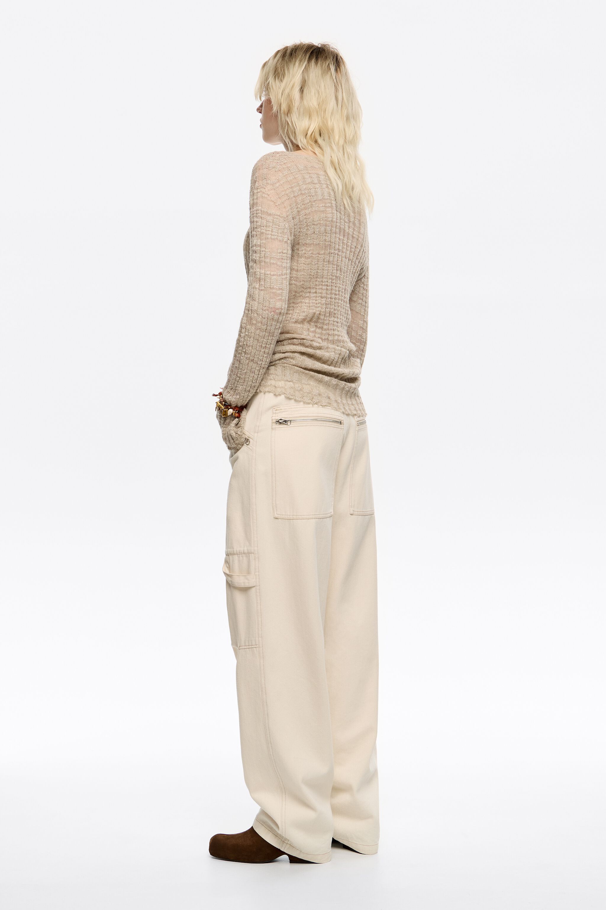 Ivory denim trousers with zips