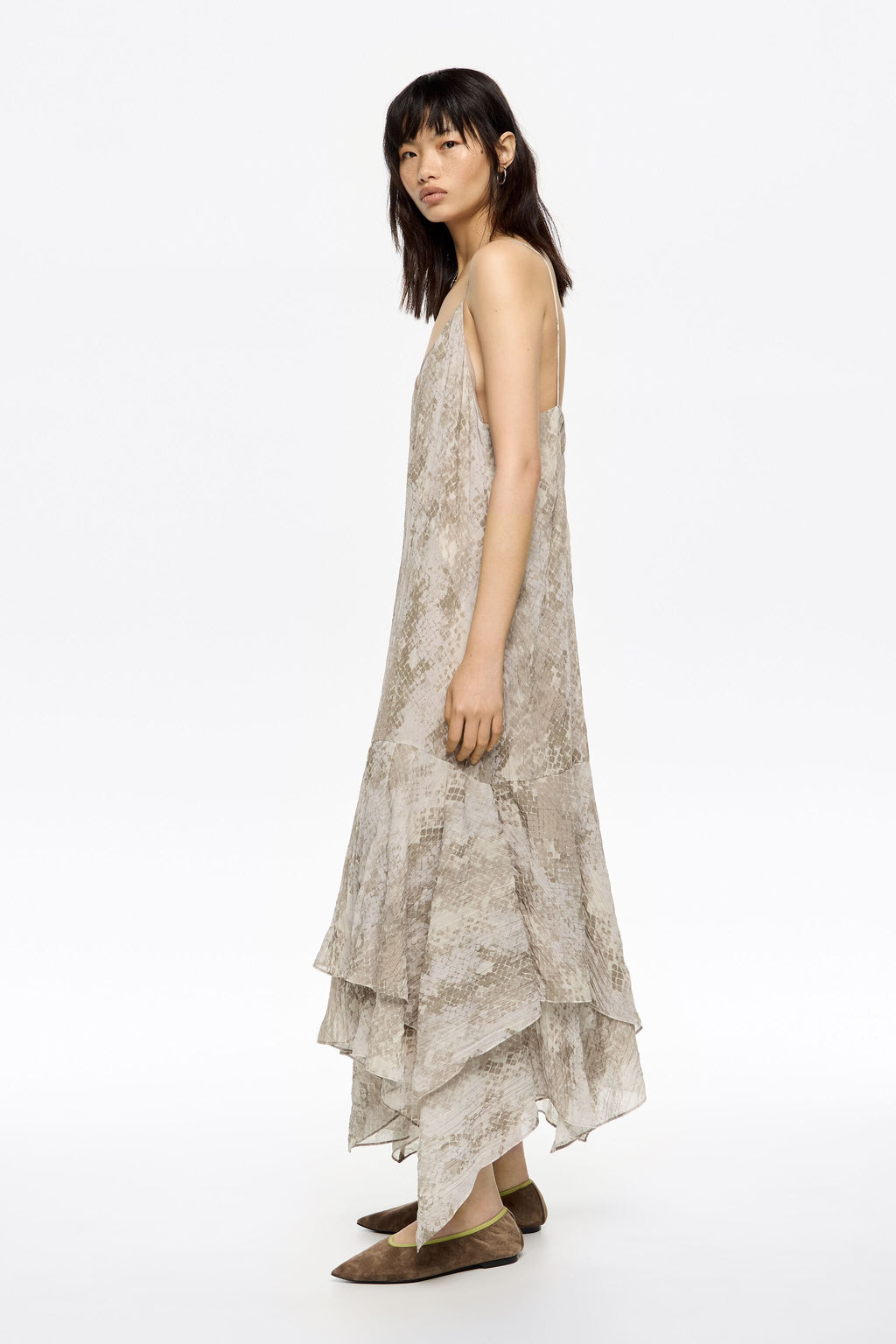 Taupe Snake asymmetric pleated dress