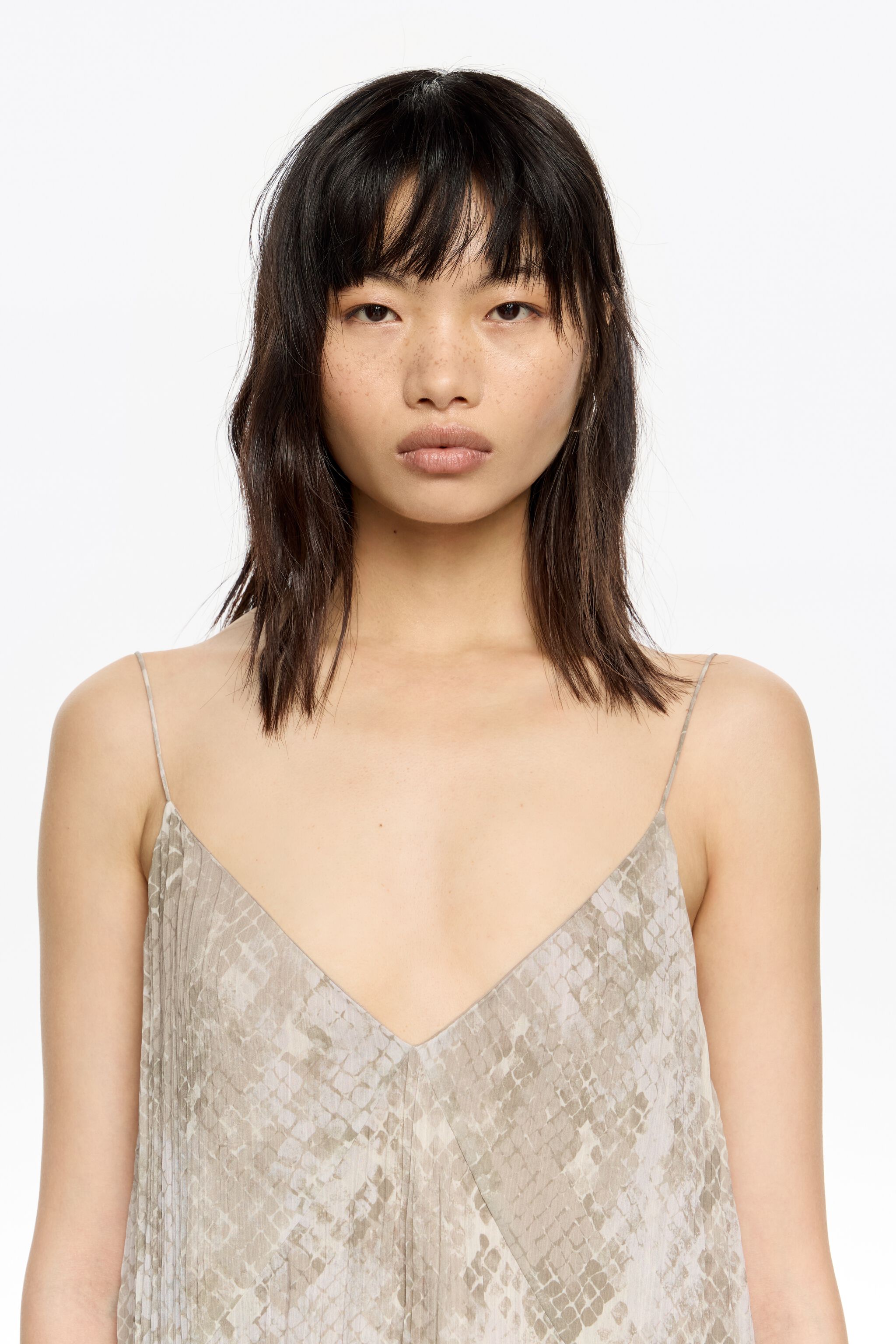 Taupe Snake asymmetric pleated dress