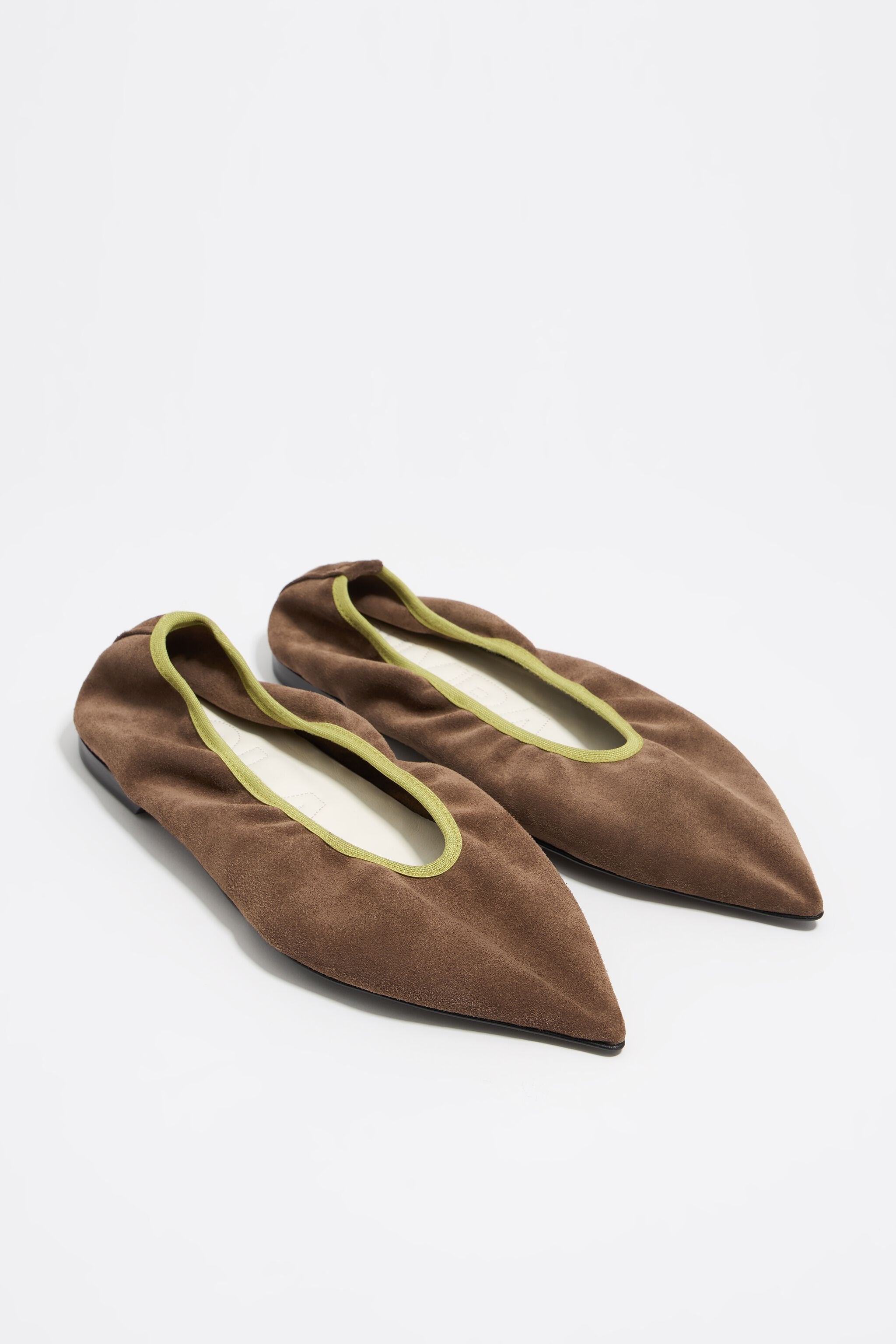 Brown suede pointed toe ballerina