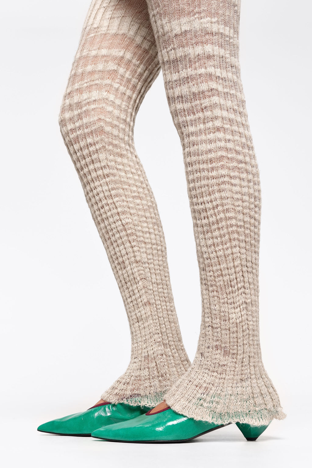 Green leather small heel court shoe