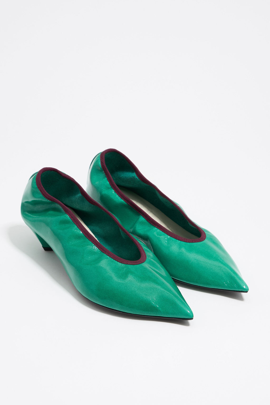 Green leather small heel court shoe