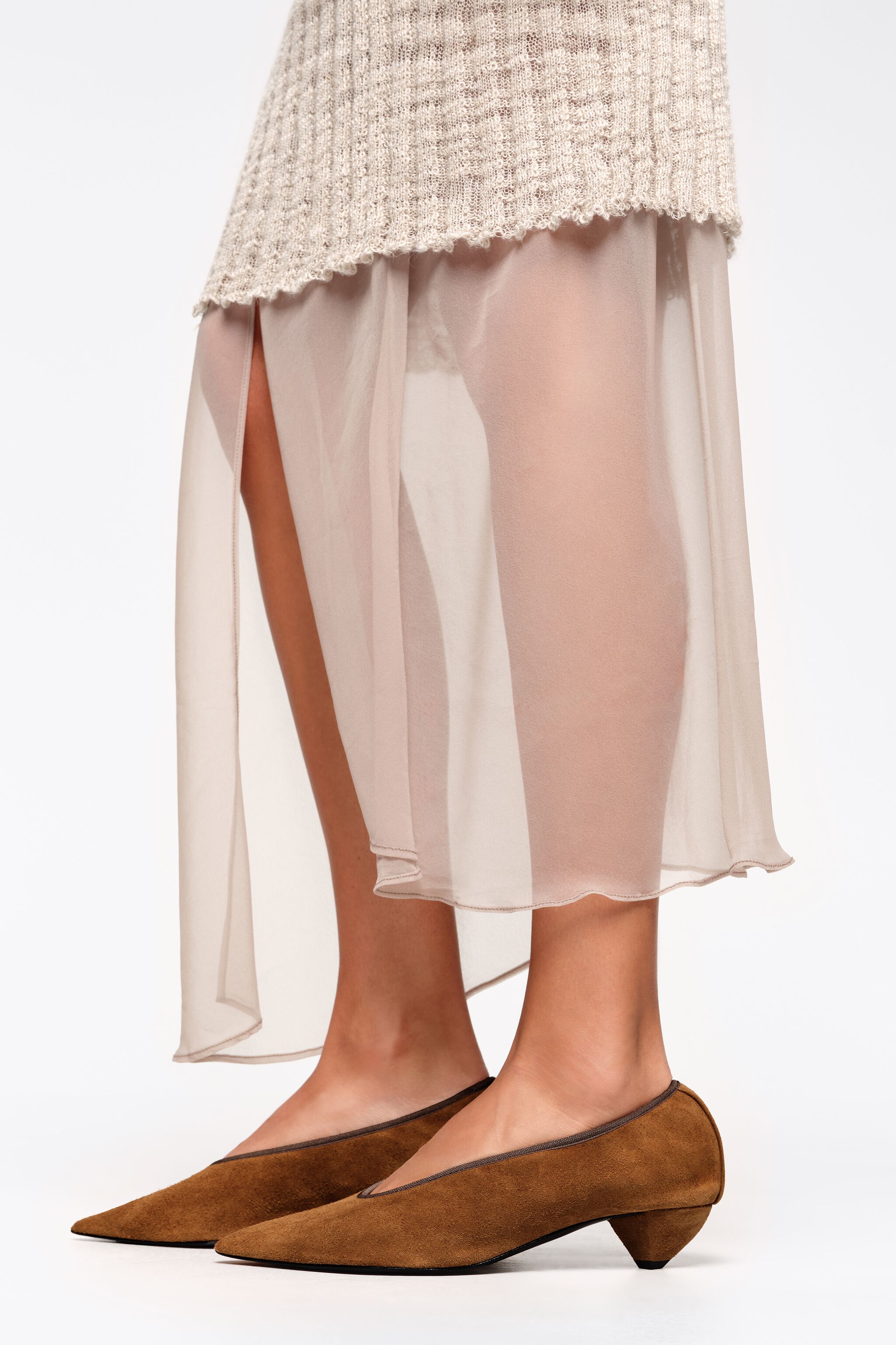 Brown suede small heel court shoe