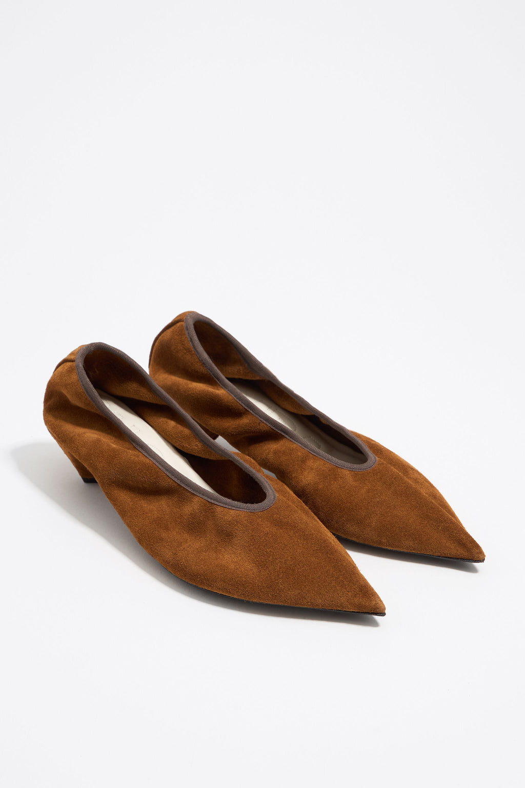 Brown suede small heel court shoe