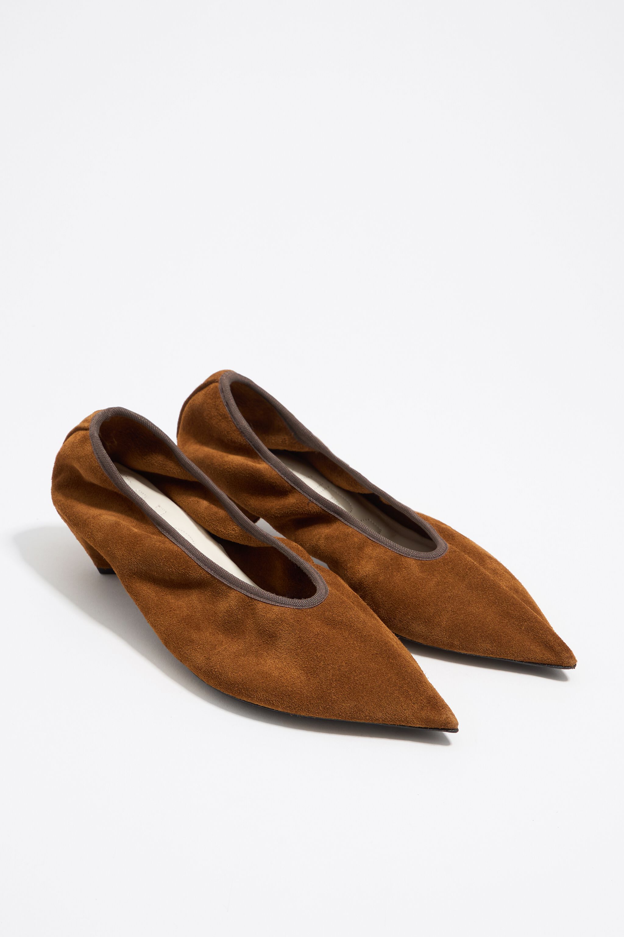 Brown suede small heel court shoe