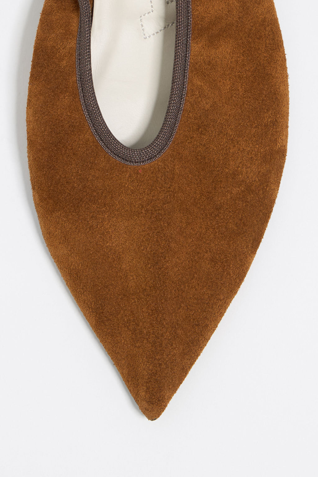 Brown suede small heel court shoe