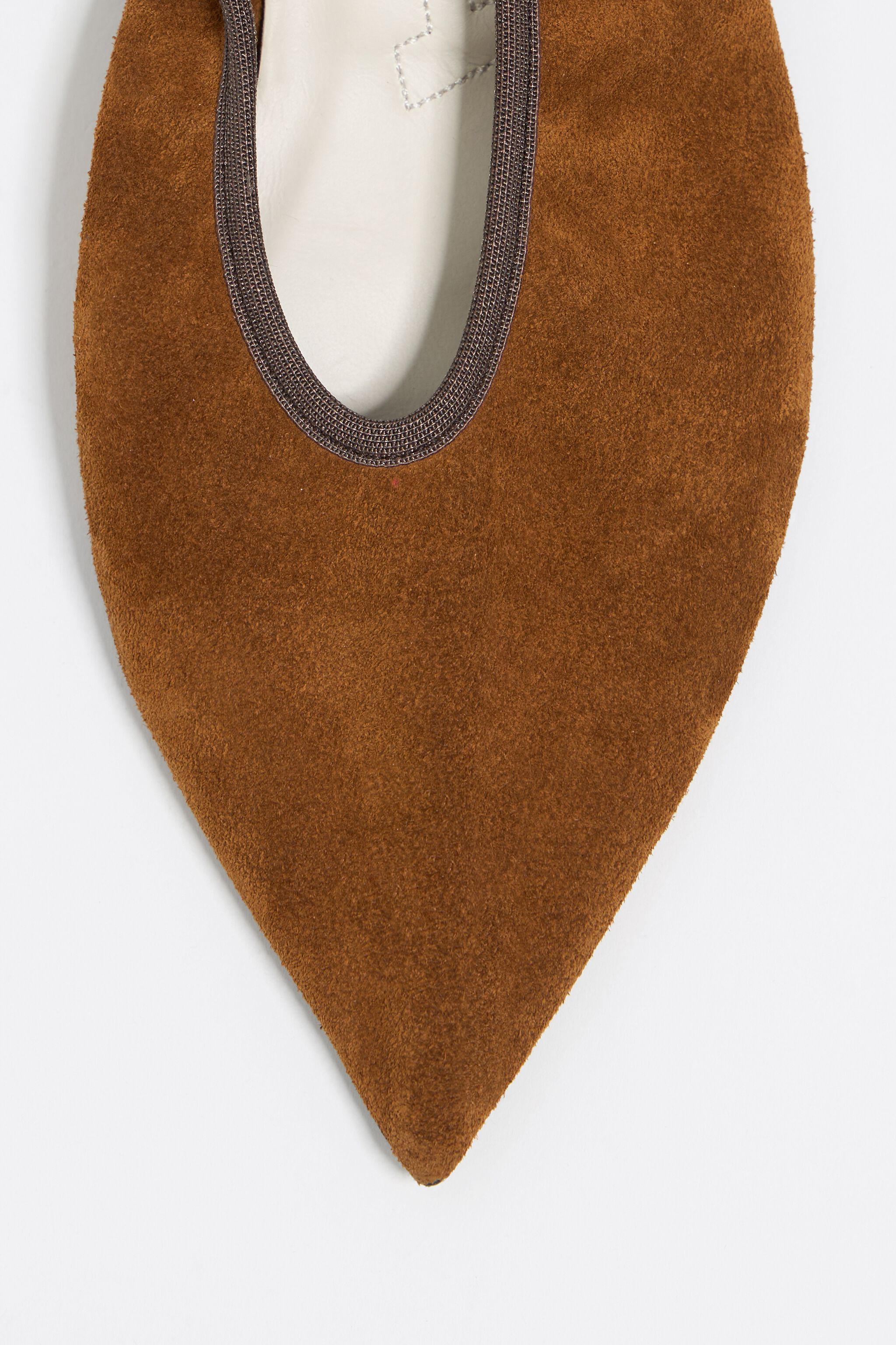 Brown suede small heel court shoe