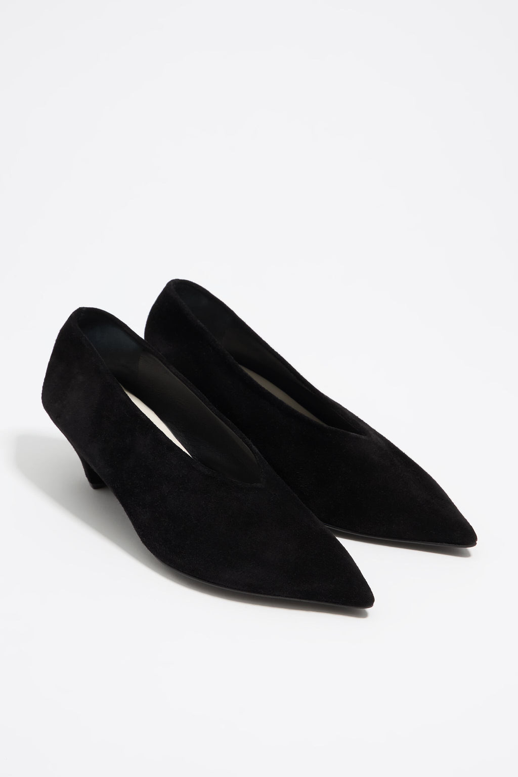 Black suede medium heel court shoe