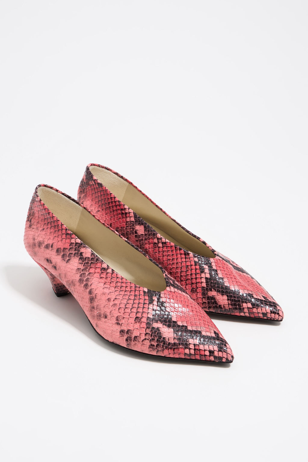 Pink leather medium heel snake print court shoe