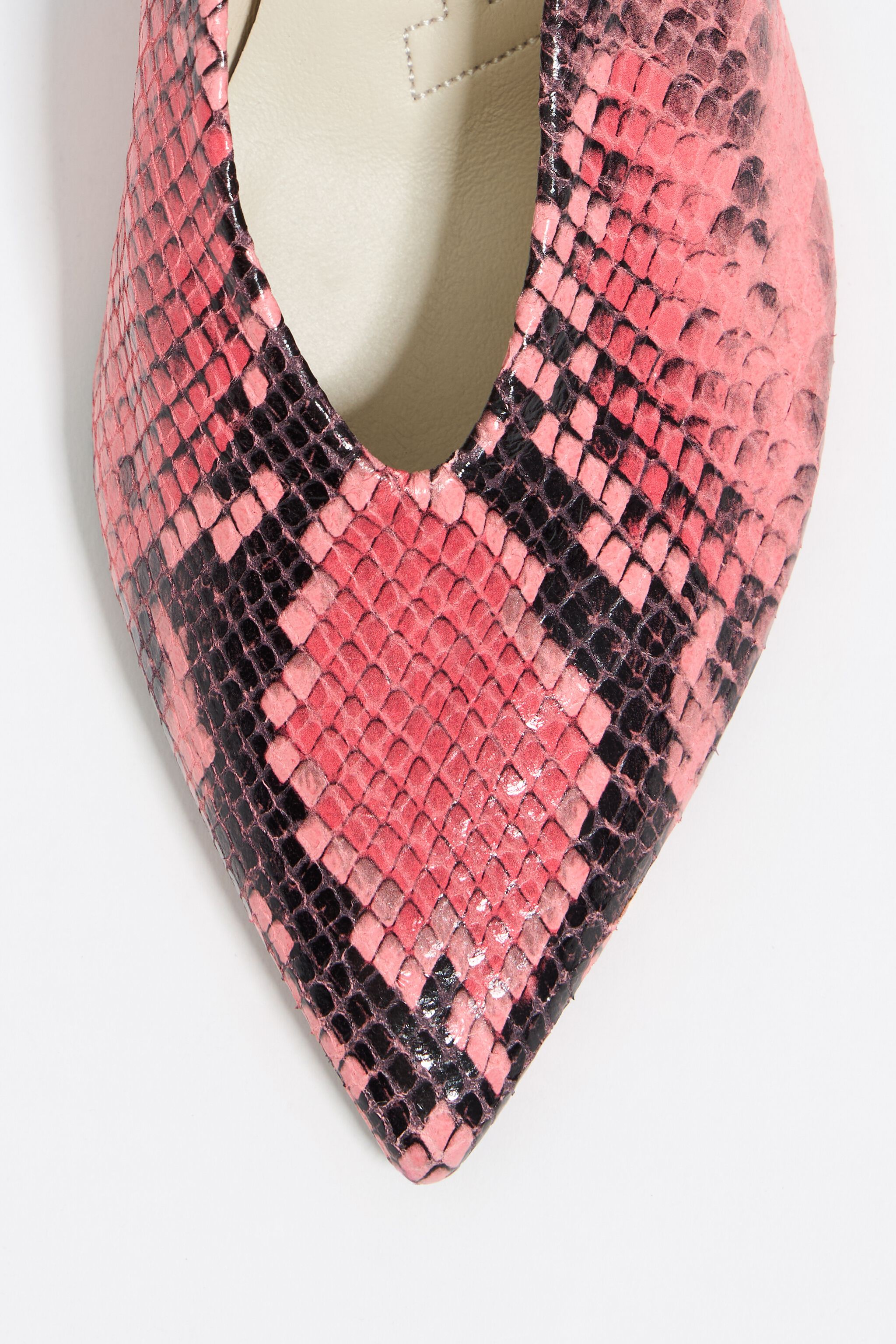 Pink leather medium heel snake print court shoe